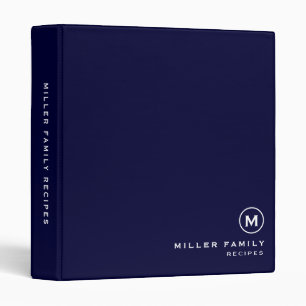 Navy White Monogram Initial Family Recipe Binder