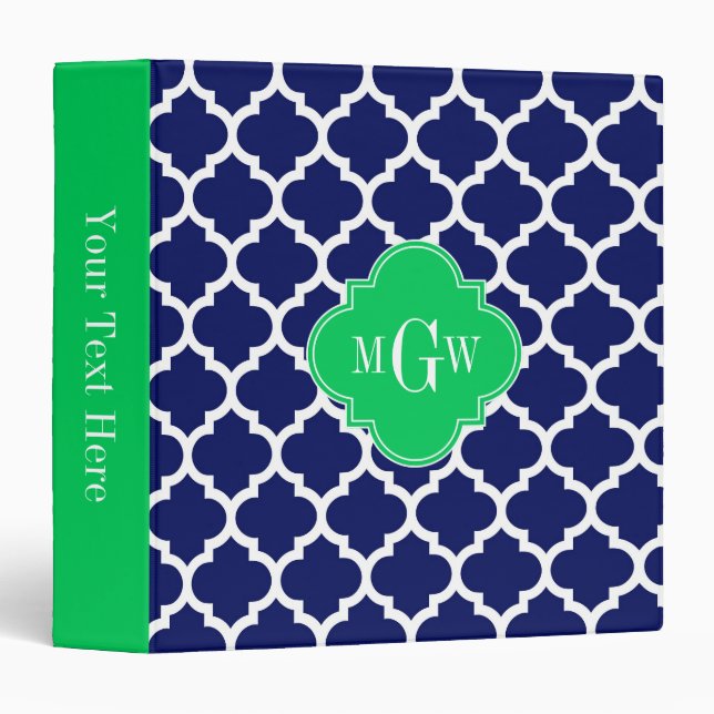 Navy White Moroccan #5 Emerald 3 Initial Monogram Binder (Front/Spine)