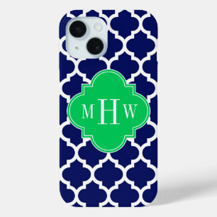 Navy White Moroccan #5 Emerald 3 Initial Monogram iPhone 15 Case