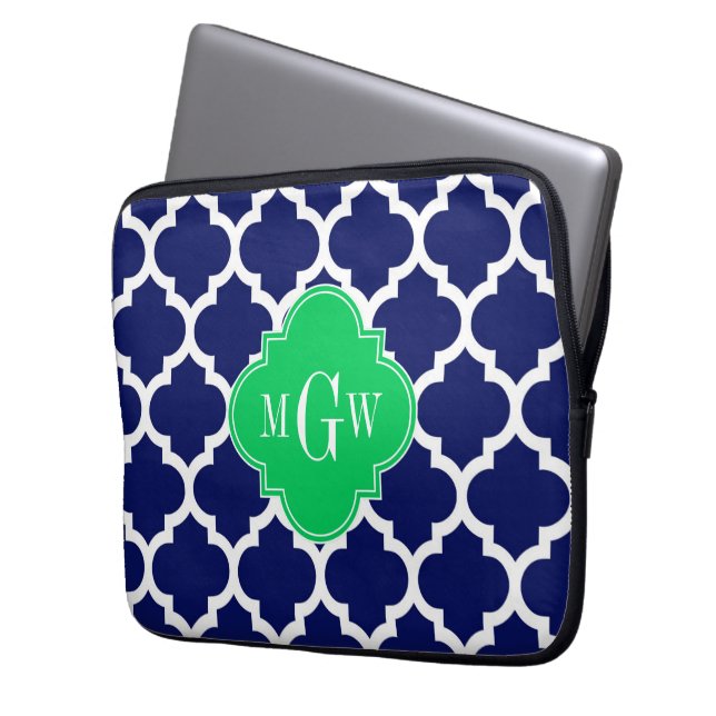Navy White Moroccan #5 Emerald 3 Initial Monogram Laptop Sleeve (Front Left)
