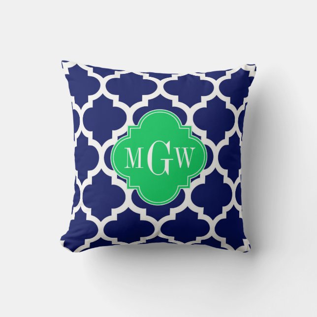 Navy White Moroccan #5 Emerald 3 Initial Monogram Throw Pillow (Front)
