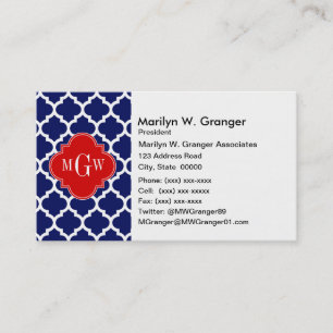 Navy White Moroccan #5 Red 3 Initial Monogram Business Card