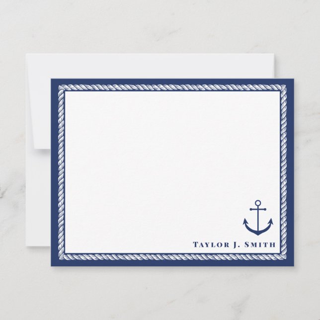 Navy & White Nautical Anchor Rope Personalized Card (Front)
