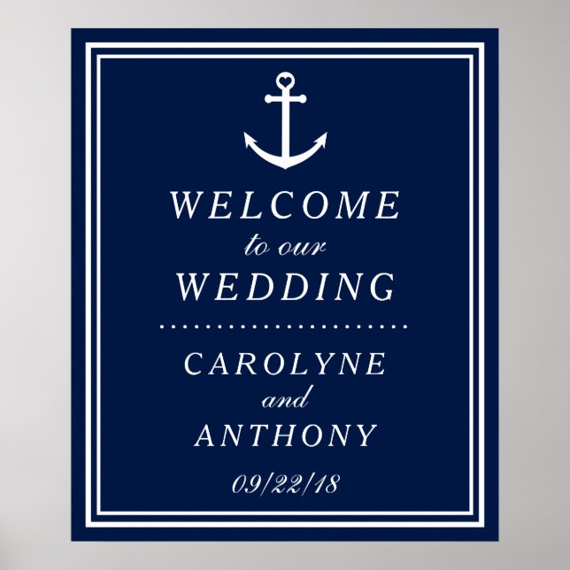 Navy & White Nautical Anchor Wedding Welcome Sign (Front)