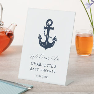 Navy & White Nautical Custom Mom-to-Be Name Pedestal Sign