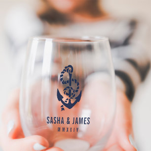 Navy & White Nautical Rope & Anchor Wedding Favour Stemless Wine Glass