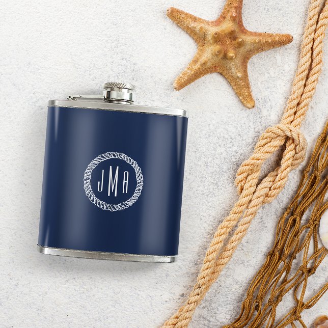 Navy & White Nautical Rope Monogram Hip Flask (Creator Uploaded)