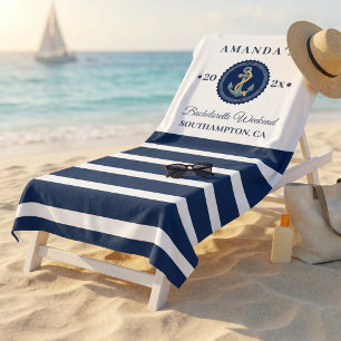 Navy & White Nautical Stripe Anchor Bachelorette W Beach Towel
