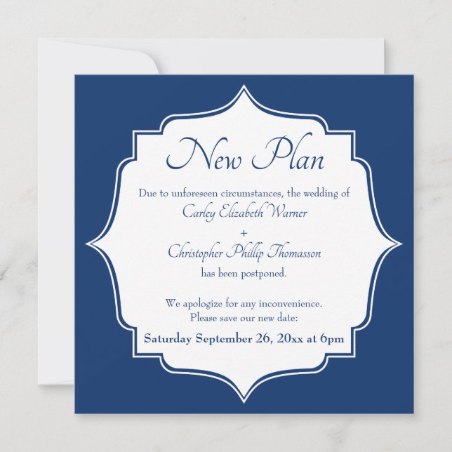Navy White New Date Postponed Wedding Announcement (Front)