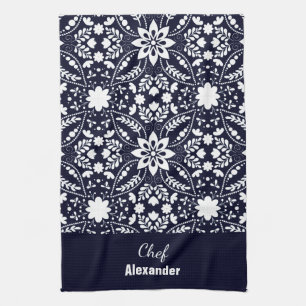 Navy White Nordic Folk Floral Pattern  Kitchen Towel