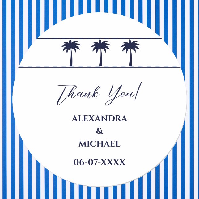Navy White Palm Tree Coastal Wedding Thank You Classic Round Sticker (Creator Uploaded)