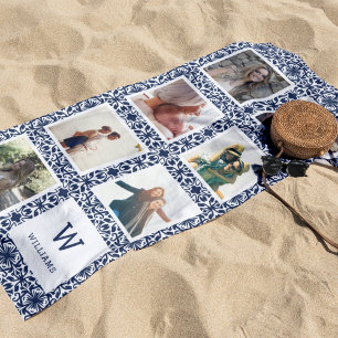 Navy & White Patterned Photo Collage Monogram Beach Towel