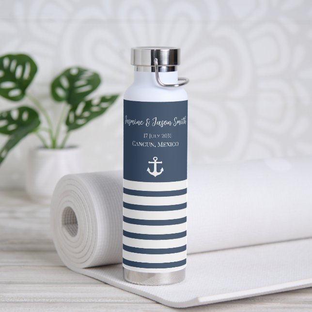 Navy  White Personalized Destination Wedding Favou Water Bottle (Yoga)