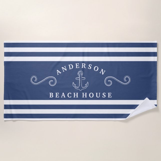 Navy & White Personalized Nautical Beach House Towel (Front)