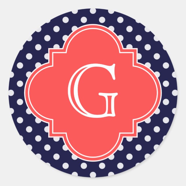 Navy White Polka Dot Coral Quatrefoil Monogram Classic Round Sticker (Front)