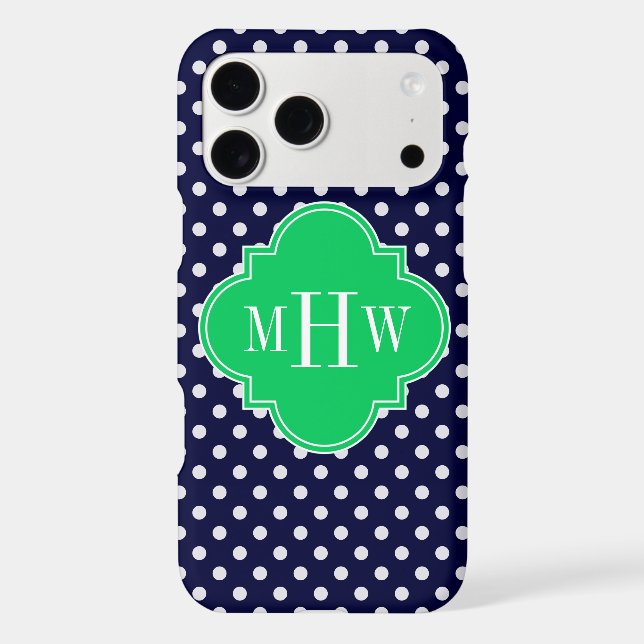 Navy White Polka Dot Emerald Quatrefoil 3 Monogram (Back)