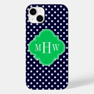 Navy White Polka Dot Emerald Quatrefoil 3 Monogram Case-Mate iPhone 14 Plus Case