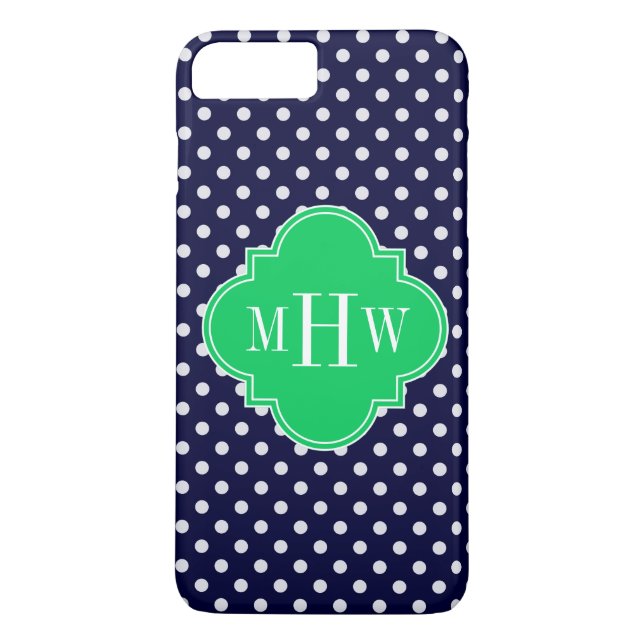Navy White Polka Dot Emerald Quatrefoil 3 Monogram Case-Mate iPhone Case (Back)