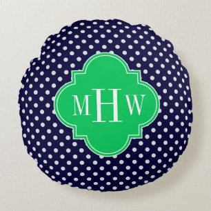 Navy White Polka Dot Emerald Quatrefoil 3 Monogram Round Pillow