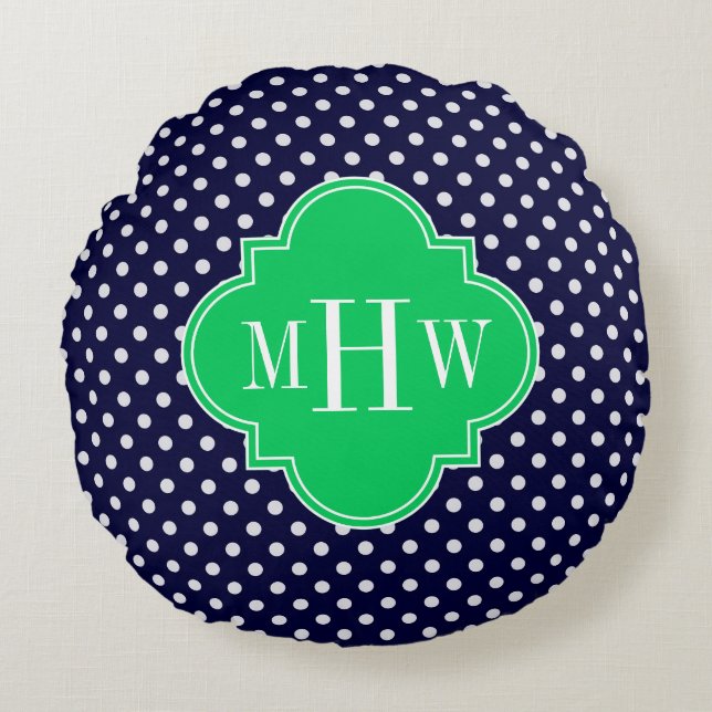Navy White Polka Dot Emerald Quatrefoil 3 Monogram Round Pillow (Front)