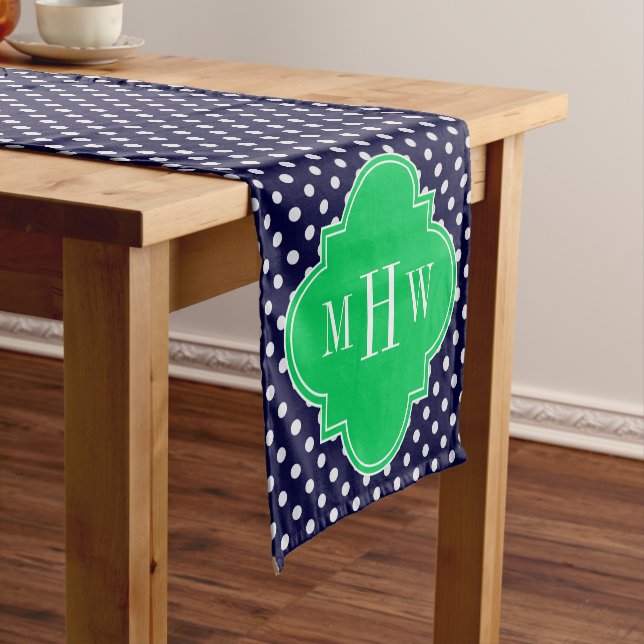 Navy White Polka Dot Emerald Quatrefoil 3 Monogram Short Table Runner (In Situ)