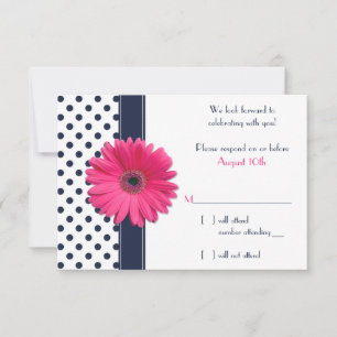 Navy White Polka Dot Pink Daisy Wedding RSVP Card