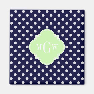 Navy White Polka Dots Celery Quatrefoil 3 Monogram Magnet
