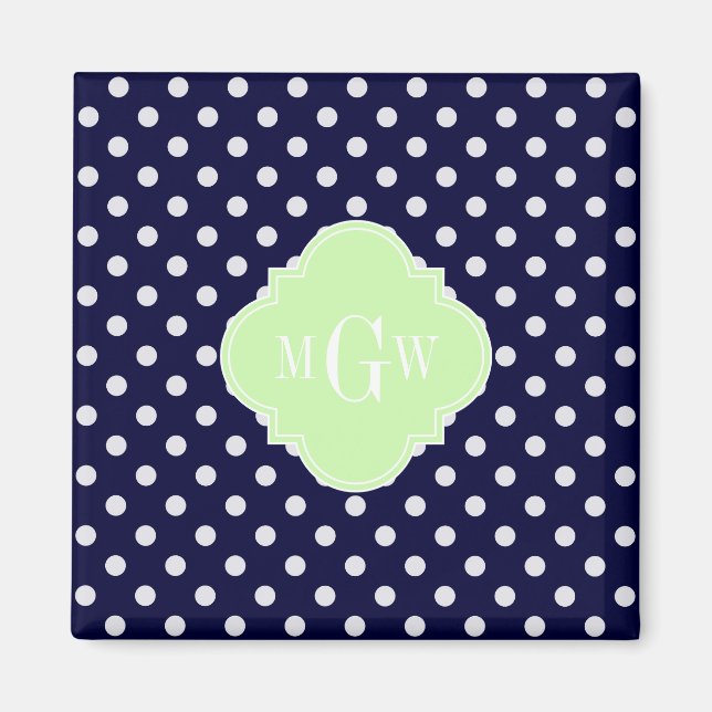 Navy White Polka Dots Celery Quatrefoil 3 Monogram Magnet (Front)