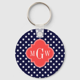 Navy White Polka Dots Coral Quatrefoil 3 Monogram Keychain