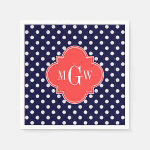 Navy White Polka Dots Coral Quatrefoil 3 Monogram Napkin