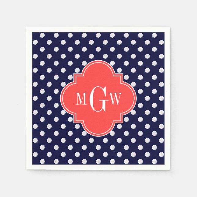 Navy White Polka Dots Coral Quatrefoil 3 Monogram Napkin (Front)