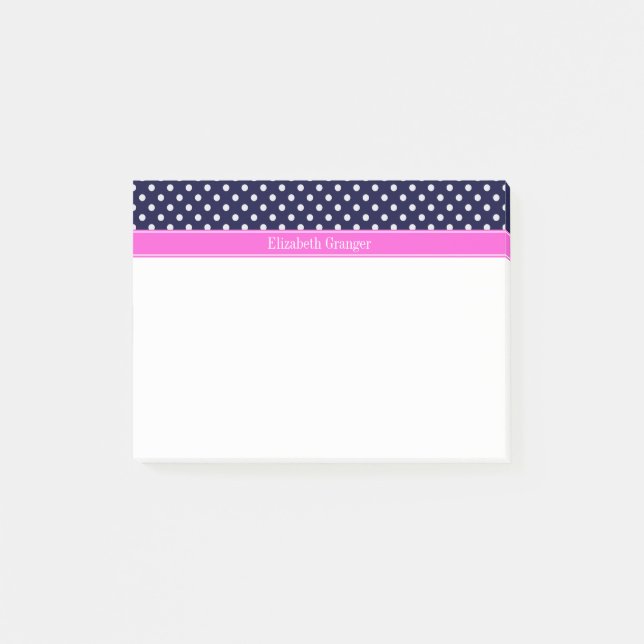 Navy White Polka Dots Hot Pink Ribbon Monogram Post-it Notes (Front)