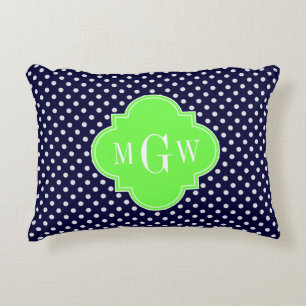 Navy White Polka Dots Lime Quatrefoil 3 Monogram Decorative Pillow