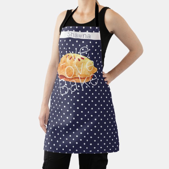 Navy White Polka Dots Live Love Bake Personalized Apron (Insitu)