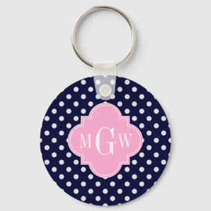 Navy White Polka Dots Pink Quatrefoil 3 Monogram Keychain