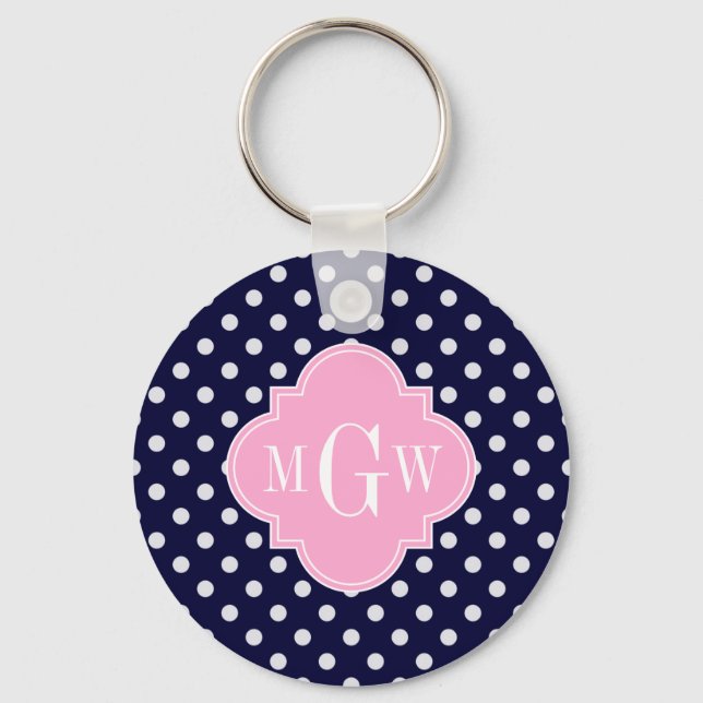 Navy White Polka Dots Pink Quatrefoil 3 Monogram Keychain (Front)