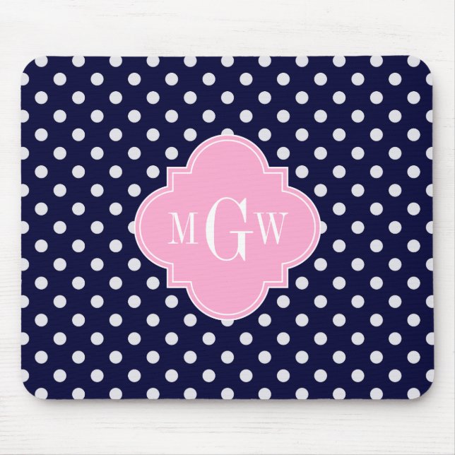 Navy White Polka Dots Pink Quatrefoil 3 Monogram Mouse Pad (Front)