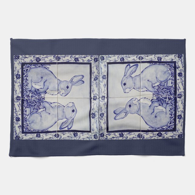 Navy White Rabbit Tile Kitchen Towel Dedham Blue (Horizontal)