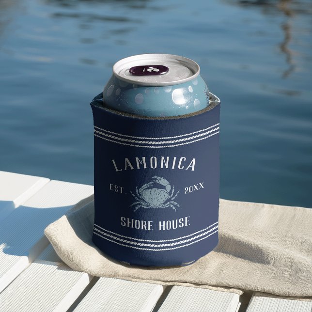 Navy & White Rustic Crab Personalized Shore House Can Cooler (Creator Uploaded)