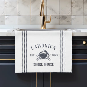 Navy & White Rustic Crab Personalized Shore House Kitchen Towel