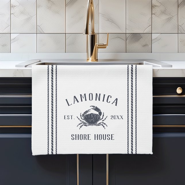 Navy & White Rustic Crab Personalized Shore House Kitchen Towel (Creator Uploaded)