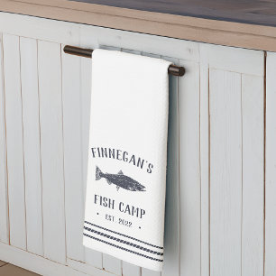 Navy & White Rustic Fish Camp Personalized Kitchen Towel