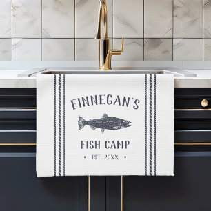 Navy & White Rustic Fish Camp Personalized Kitchen Towel