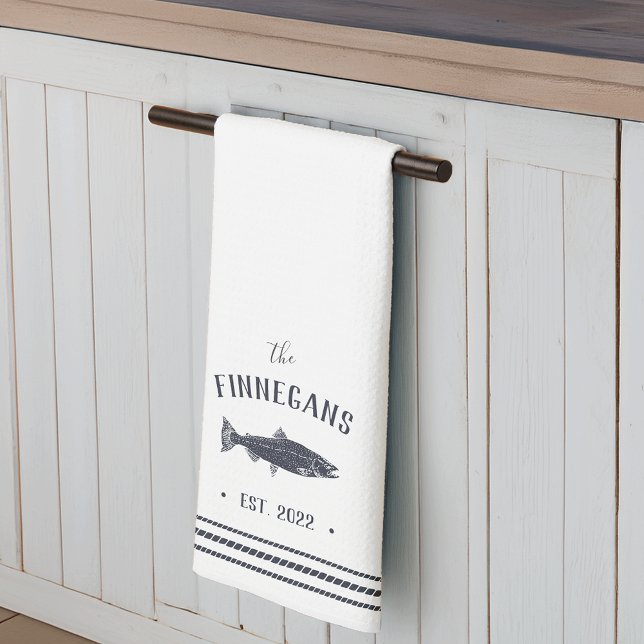 Navy & White Rustic Fish Personalized Kitchen Towel (Creator Uploaded)
