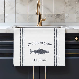 Navy & White Rustic Fish Personalized Kitchen Towel