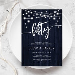 Navy White Rustic Wood 50th Birthday Party Invitation<br><div class="desc">50th Birthday Party Invitation. Rustic design with navy wood pattern. Classy invite card featuring fairy string lights and white script font. Perfect for a stylish fiftieth bday celebration. Personalize with your own details. Can be customized for any age! Printed Zazzle invitations or instant download digital printable template.</div>