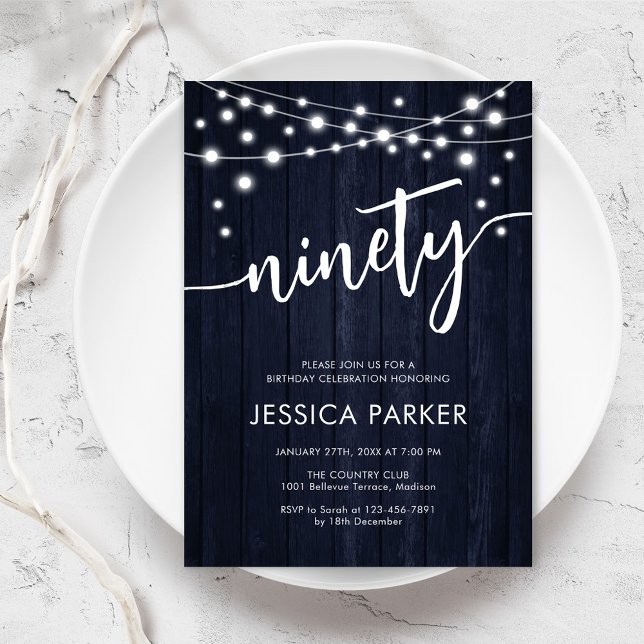 Navy White Rustic Wood 90th Birthday Party Invitation (Creator Uploaded)