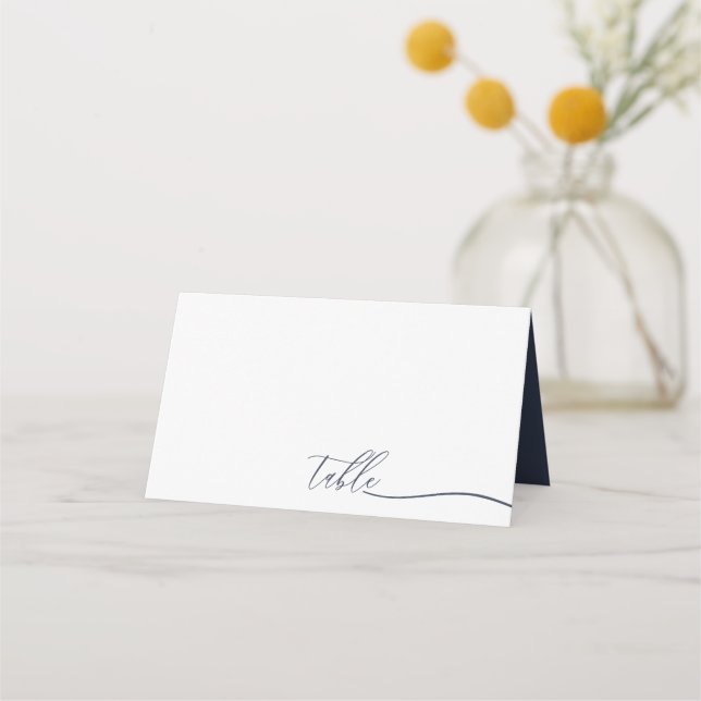 Navy White Script Font Seating Table Place Card (Front)