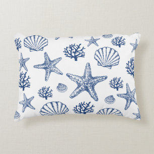Navy White Sea Shell Pattern Coastal Design Accent Pillow