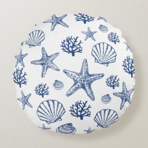Navy White Sea Shell Pattern Coastal Design Round Pillow